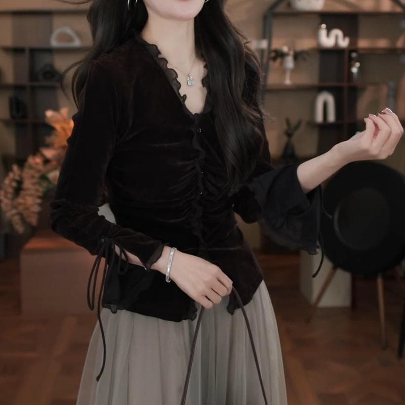 가을 패션 품격 프릴 디자인 V넥 긴팔 셔츠 프랑스식 새로운 빛 럭셔리 우아함 슬림해 보이는 맨위 여성 상세 이미지 1