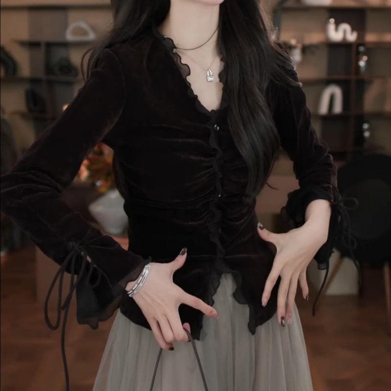 가을 패션 품격 프릴 디자인 V넥 긴팔 셔츠 프랑스식 새로운 빛 럭셔리 우아함 슬림해 보이는 맨위 여성 상세 이미지 3