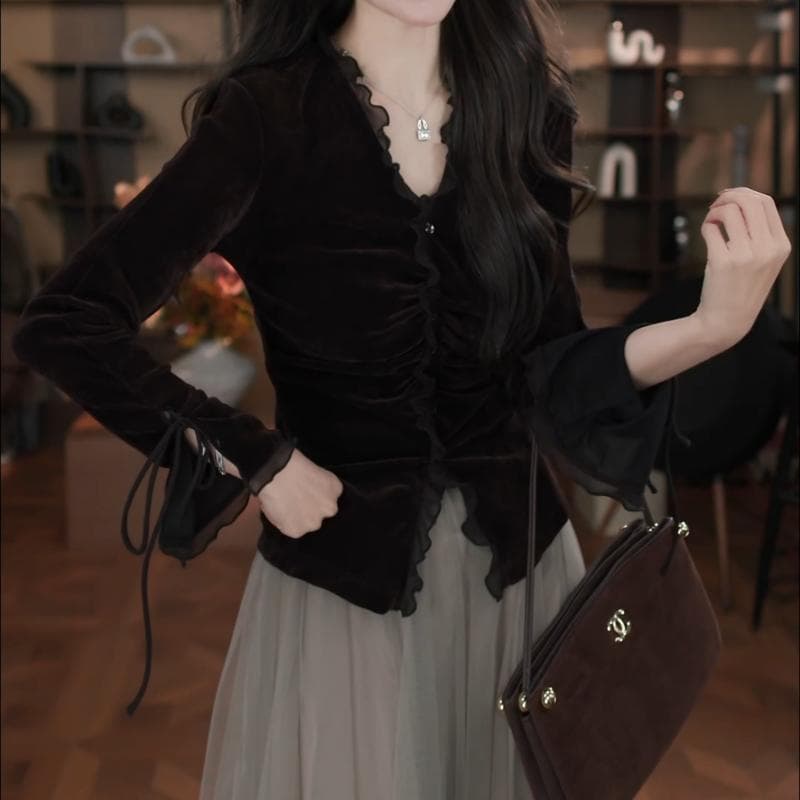 가을 패션 품격 프릴 디자인 V넥 긴팔 셔츠 프랑스식 새로운 빛 럭셔리 우아함 슬림해 보이는 맨위 여성 상세 이미지 4
