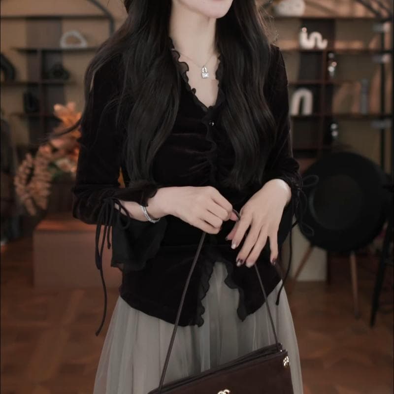 가을 패션 품격 프릴 디자인 V넥 긴팔 셔츠 프랑스식 새로운 빛 럭셔리 우아함 슬림해 보이는 맨위 여성 상세 이미지 5