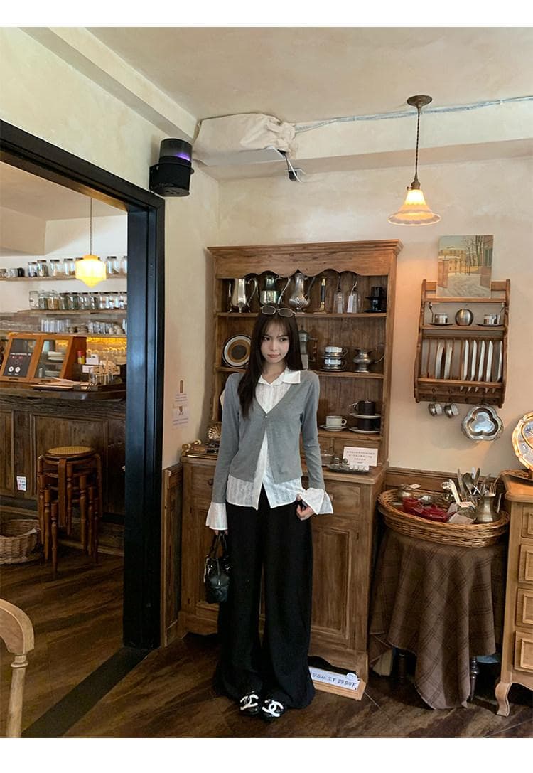 빅 사이즈 가을 패션 품격 프릴 디자인 V넥 긴팔 셔츠 새로운 빛 럭셔리 우아함 슬림해 보이는 맨위 이미지 3