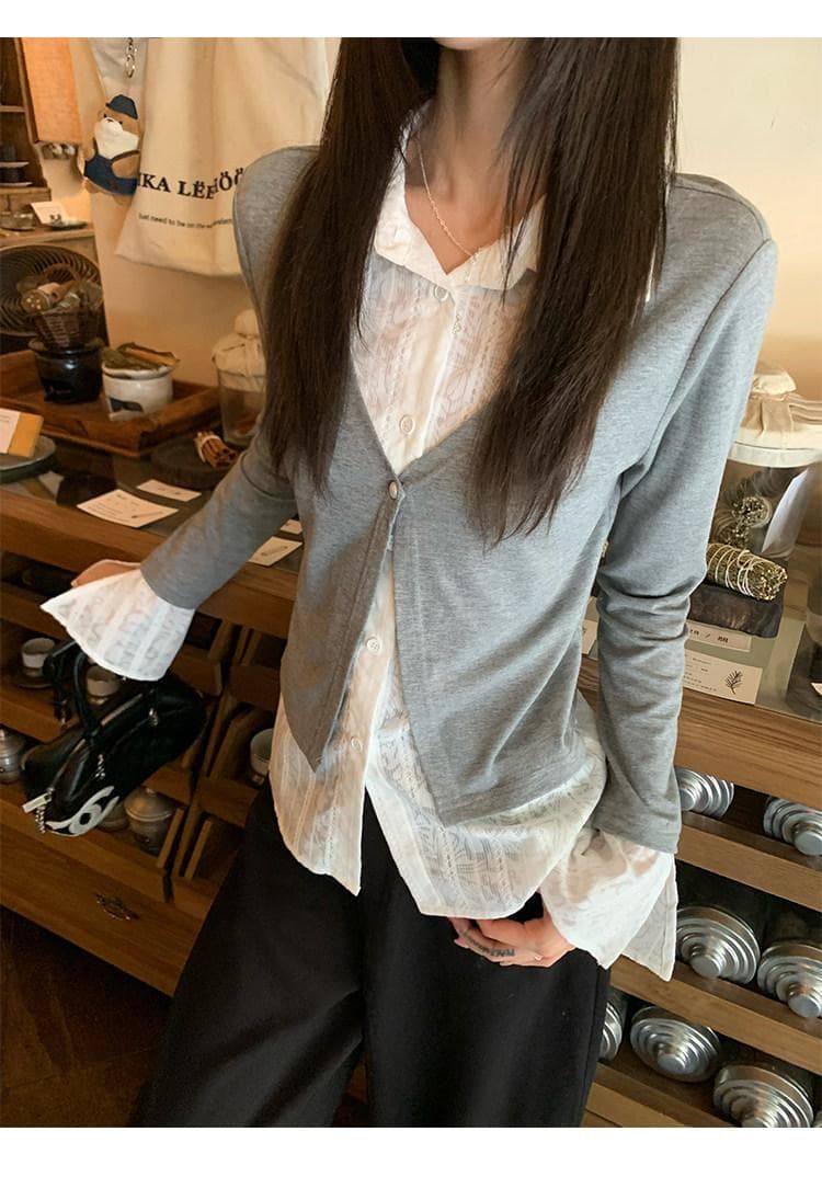 빅 사이즈 가을 패션 품격 프릴 디자인 V넥 긴팔 셔츠 새로운 빛 럭셔리 우아함 슬림해 보이는 맨위 이미지 4