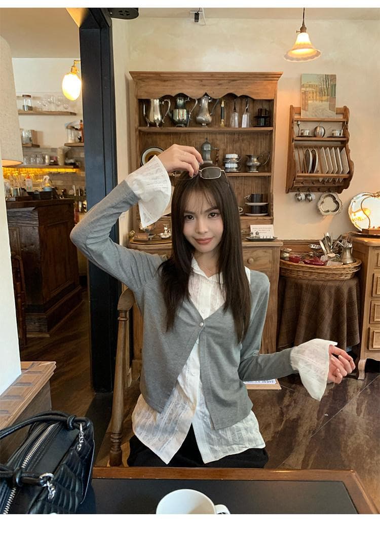 빅 사이즈 가을 패션 품격 프릴 디자인 V넥 긴팔 셔츠 새로운 빛 럭셔리 우아함 슬림해 보이는 맨위 상세 이미지 2
