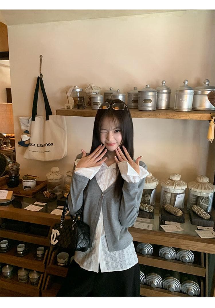 빅 사이즈 가을 패션 품격 프릴 디자인 V넥 긴팔 셔츠 새로운 빛 럭셔리 우아함 슬림해 보이는 맨위 상세 이미지 3