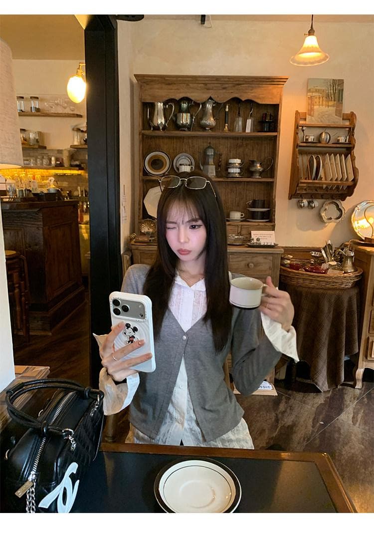 빅 사이즈 가을 패션 품격 프릴 디자인 V넥 긴팔 셔츠 새로운 빛 럭셔리 우아함 슬림해 보이는 맨위 상세 이미지 5