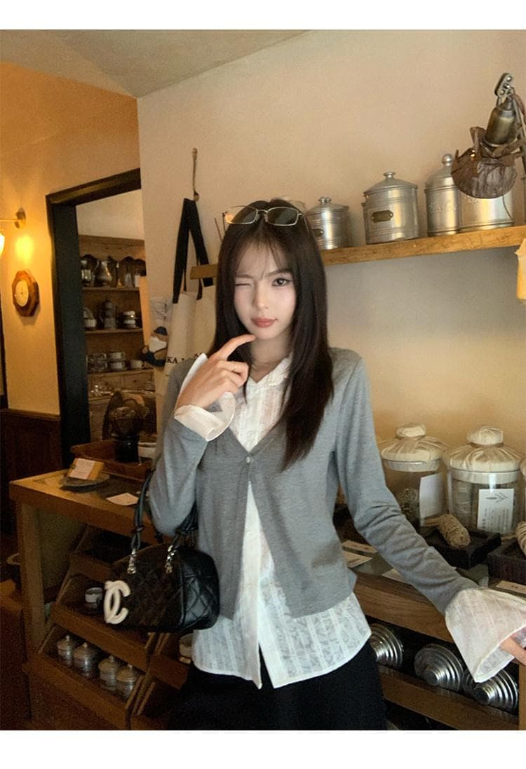 빅 사이즈 가을 패션 품격 프릴 디자인 V넥 긴팔 셔츠 새로운 빛 럭셔리 우아함 슬림해 보이는 맨위 상세 이미지 6