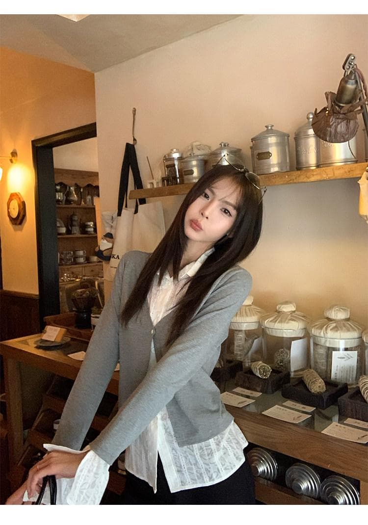 빅 사이즈 가을 패션 품격 프릴 디자인 V넥 긴팔 셔츠 새로운 빛 럭셔리 우아함 슬림해 보이는 맨위 상세 이미지 9