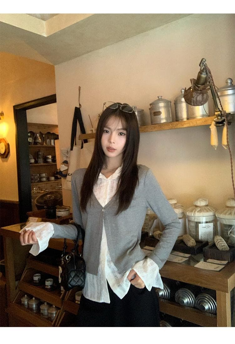 빅 사이즈 가을 패션 품격 프릴 디자인 V넥 긴팔 셔츠 새로운 빛 럭셔리 우아함 슬림해 보이는 맨위 상세 이미지 12