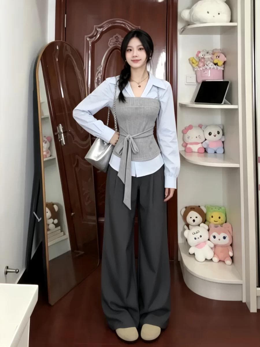 빅 사이즈 지방 mm 학원 스타일 페이크 레이어드 스트랩 허리 수축 여성 셔츠 이른 가을 새로운 긴팔 파란색 디자인 센스 맨위 이미지 2