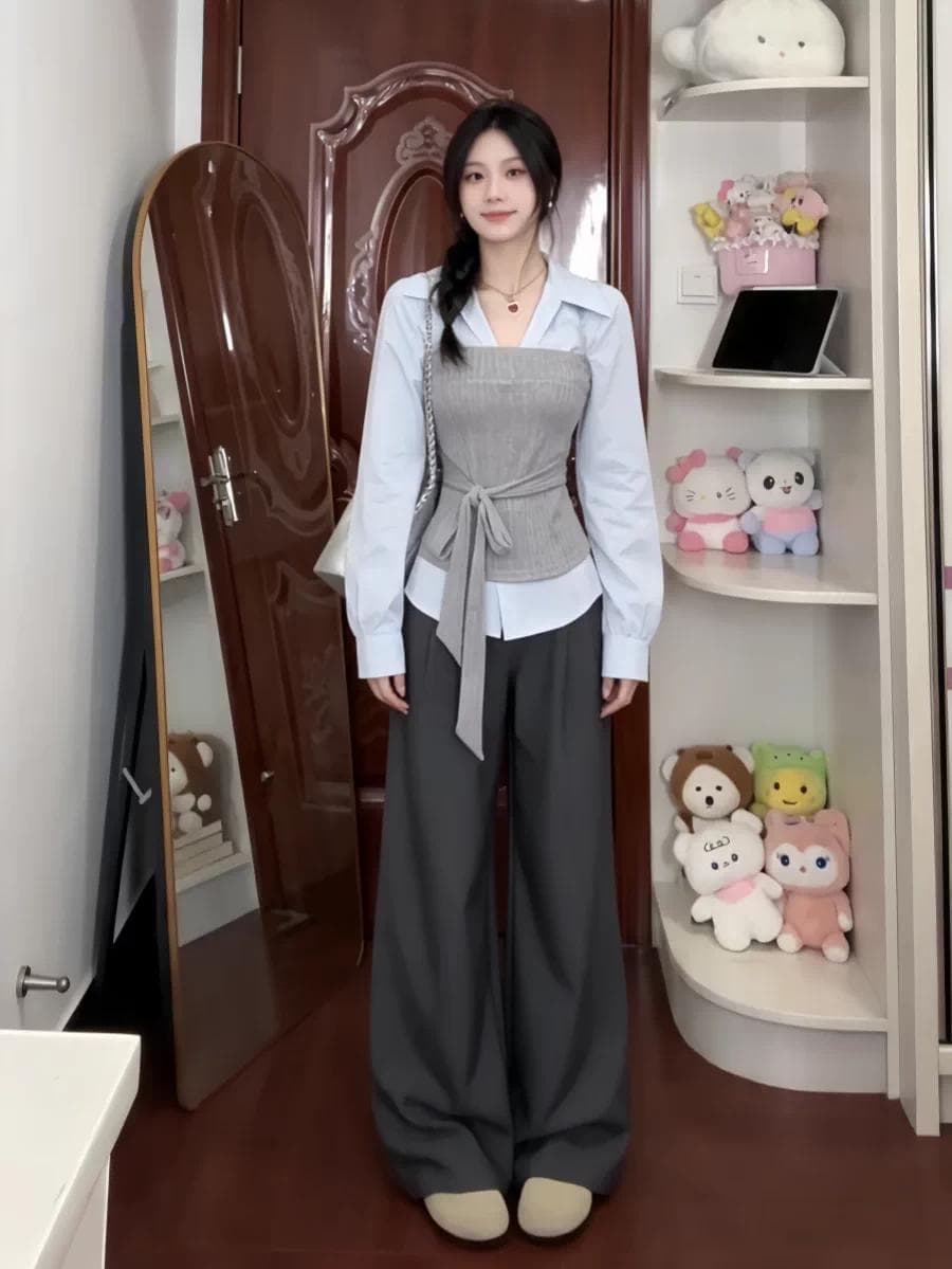 빅 사이즈 지방 mm 학원 스타일 페이크 레이어드 스트랩 허리 수축 여성 셔츠 이른 가을 새로운 긴팔 파란색 디자인 센스 맨위 이미지 4