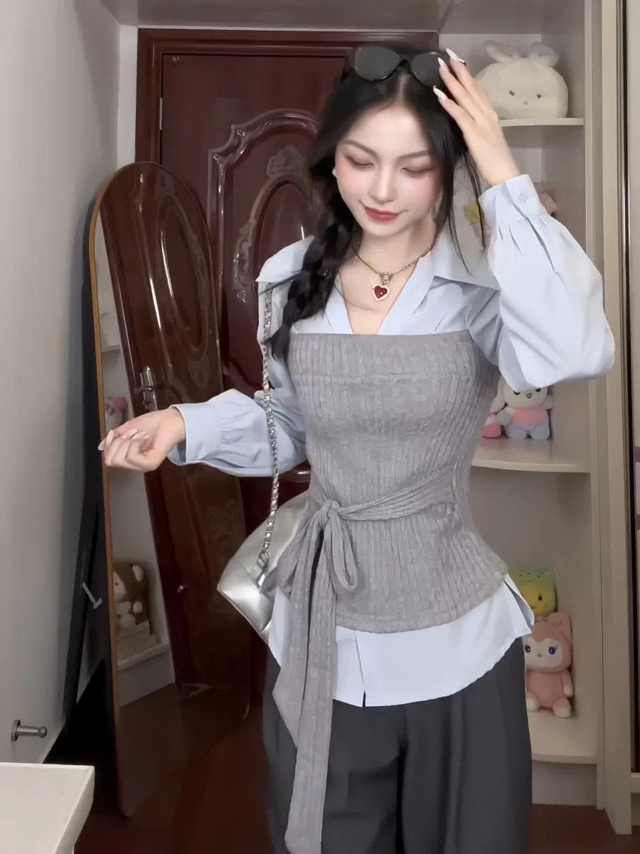 빅 사이즈 지방 mm 학원 스타일 페이크 레이어드 스트랩 허리 수축 여성 셔츠 이른 가을 새로운 긴팔 파란색 디자인 센스 맨위 이미지 3
