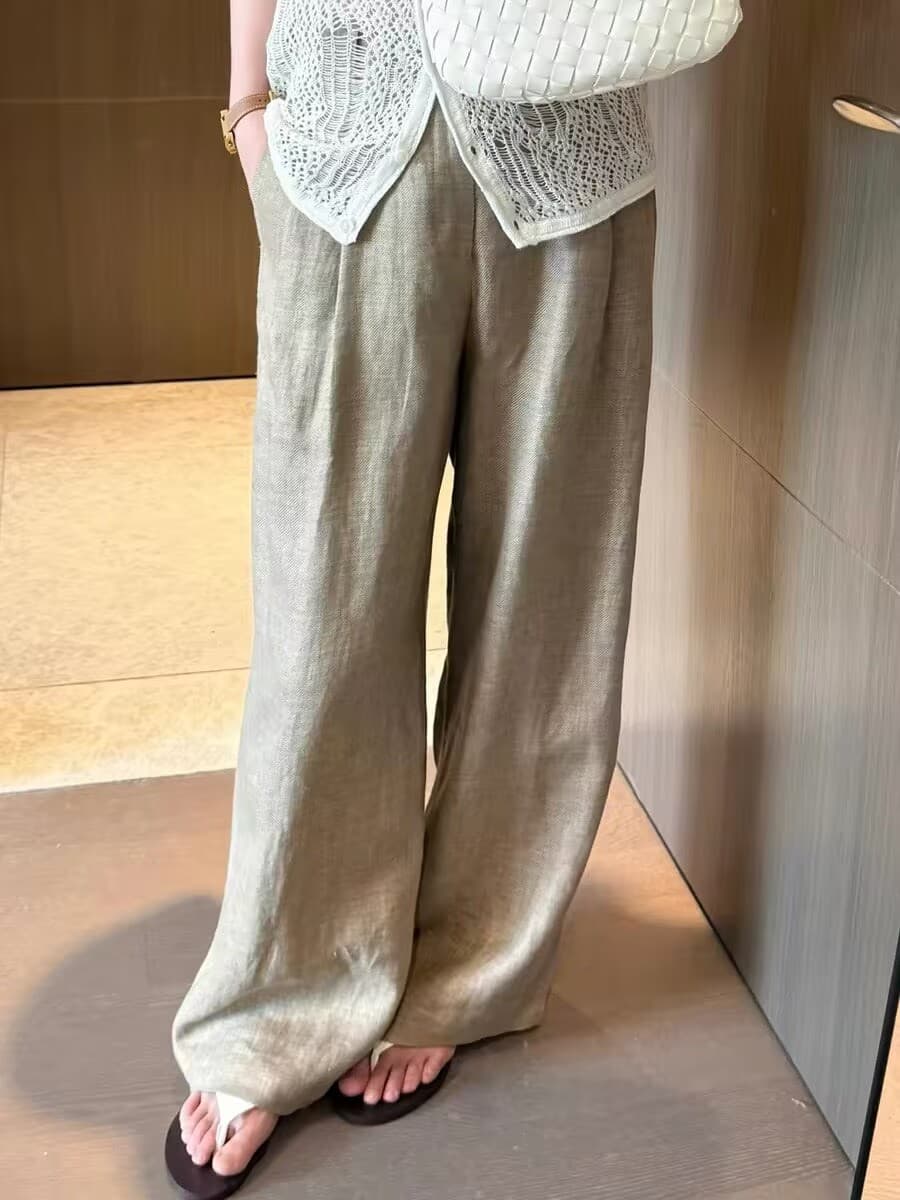 여름 새로운 추천 여름 고급 다시 느슨함 무거운 오래된 돈 바람 아마 스트레이트 루즈핏 와이드 레그 팬츠 상세 이미지 4