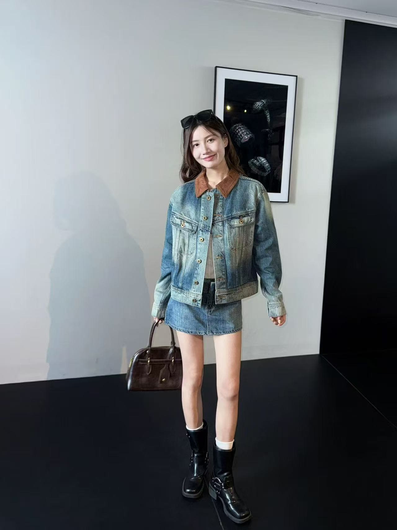 작은 대중 디자인 센스 레트로 카우보이 바깥 세트 여성 패치워크 코듀로이 칼라 워싱 블루 세트 이미지 2