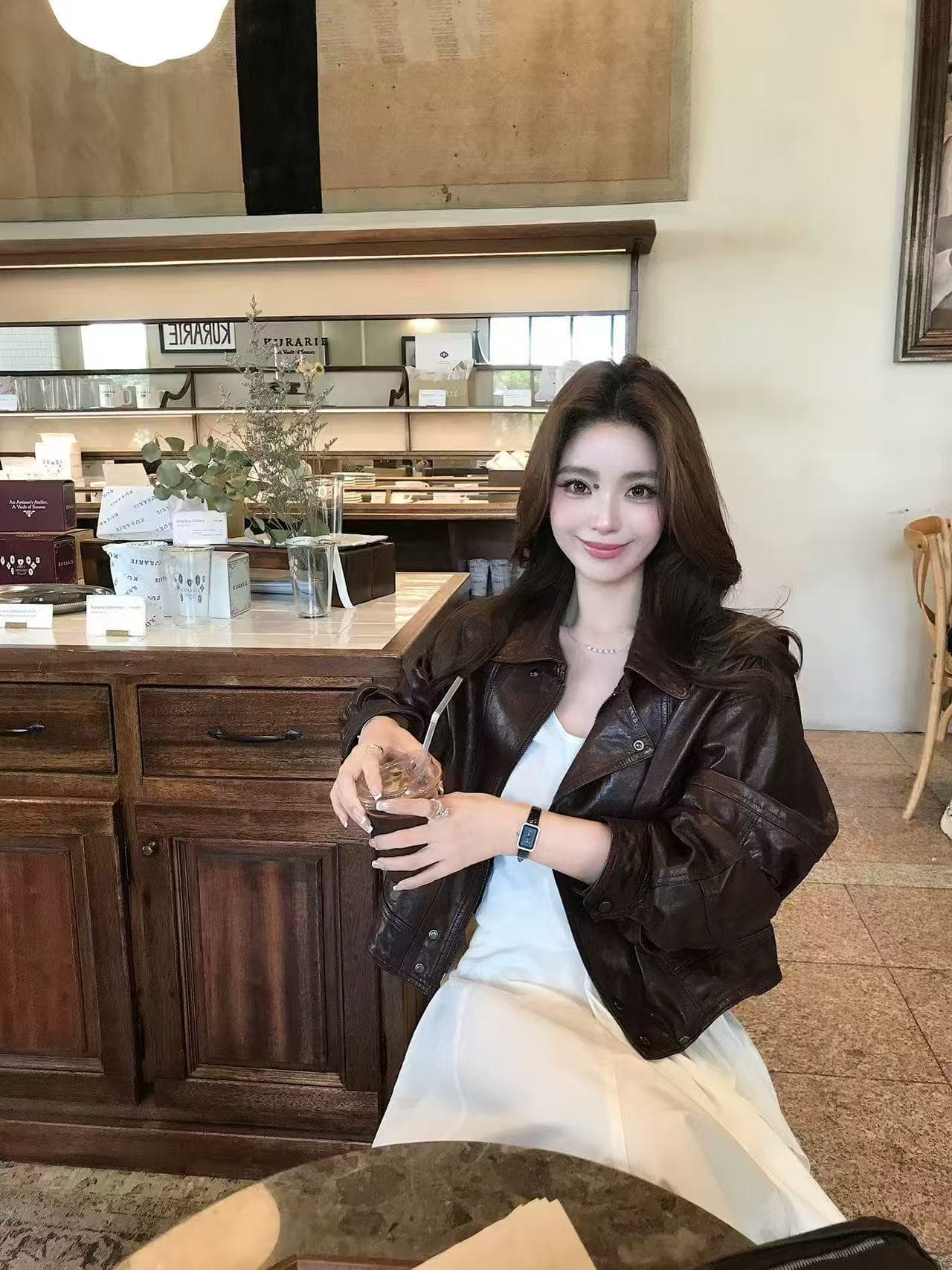 블랙 표준 지능 맨해튼 무거운 터키 가져 오기 기름 왁스 양 가죽 마 오래된 레트로 센스 폴로 칼라 가죽 재킷 이미지 2