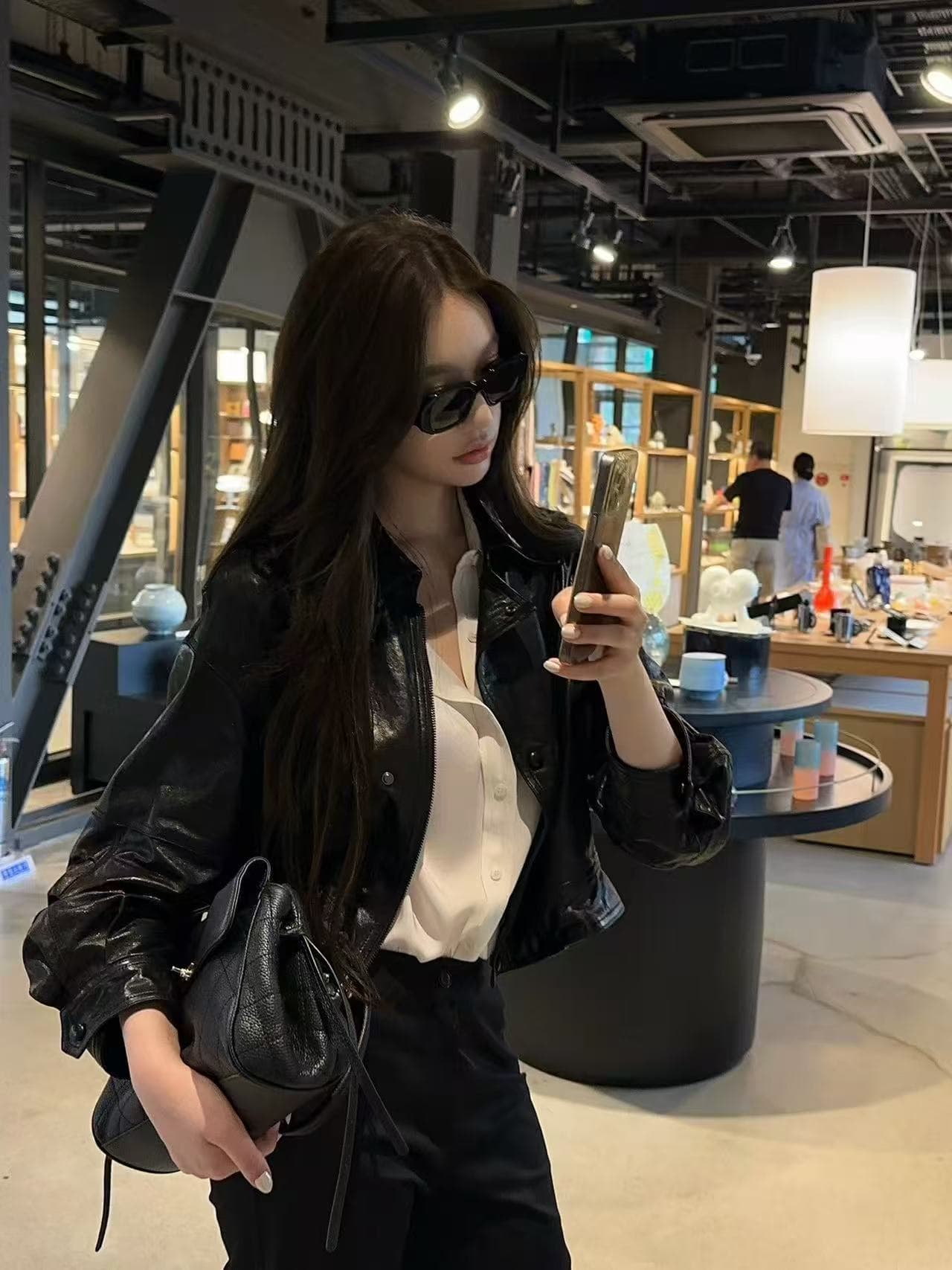 블랙 표준 지능 맨해튼 무거운 터키 가져 오기 기름 왁스 양 가죽 마 오래된 레트로 센스 폴로 칼라 가죽 재킷 이미지 3