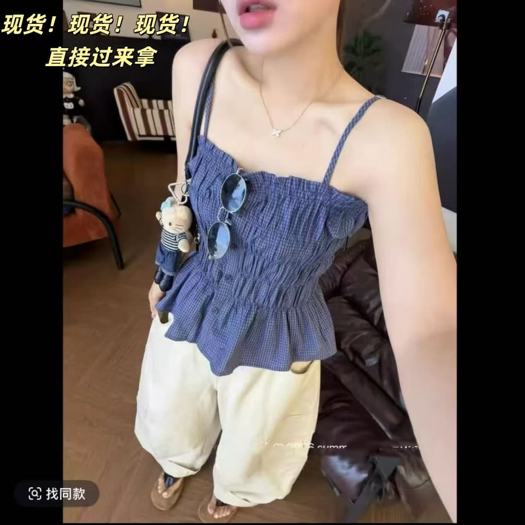 길다 김치 외국 가스 여름 루즈핏 쌀 살구 색상 캐주얼 바지 체크무늬 캐미솔