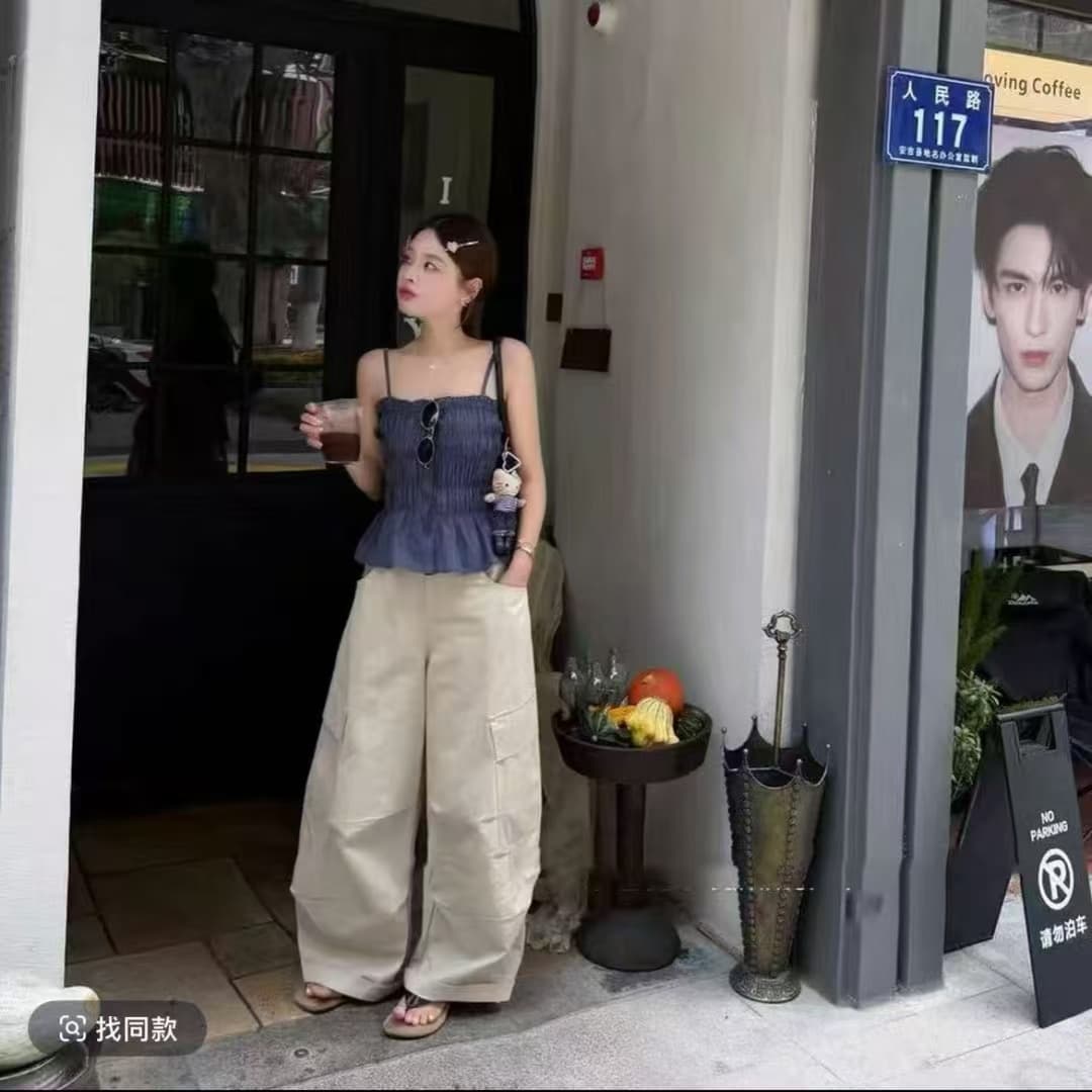 길다 김치 외국 가스 여름 루즈핏 쌀 살구 색상 캐주얼 바지 체크무늬 캐미솔 이미지 3