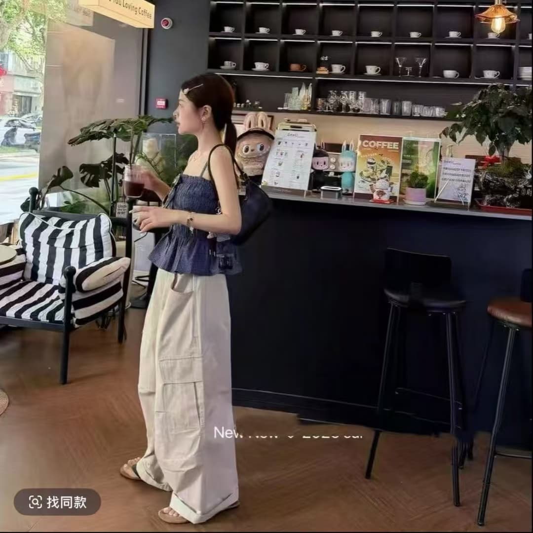길다 김치 외국 가스 여름 루즈핏 쌀 살구 색상 캐주얼 바지 체크무늬 캐미솔 이미지 4