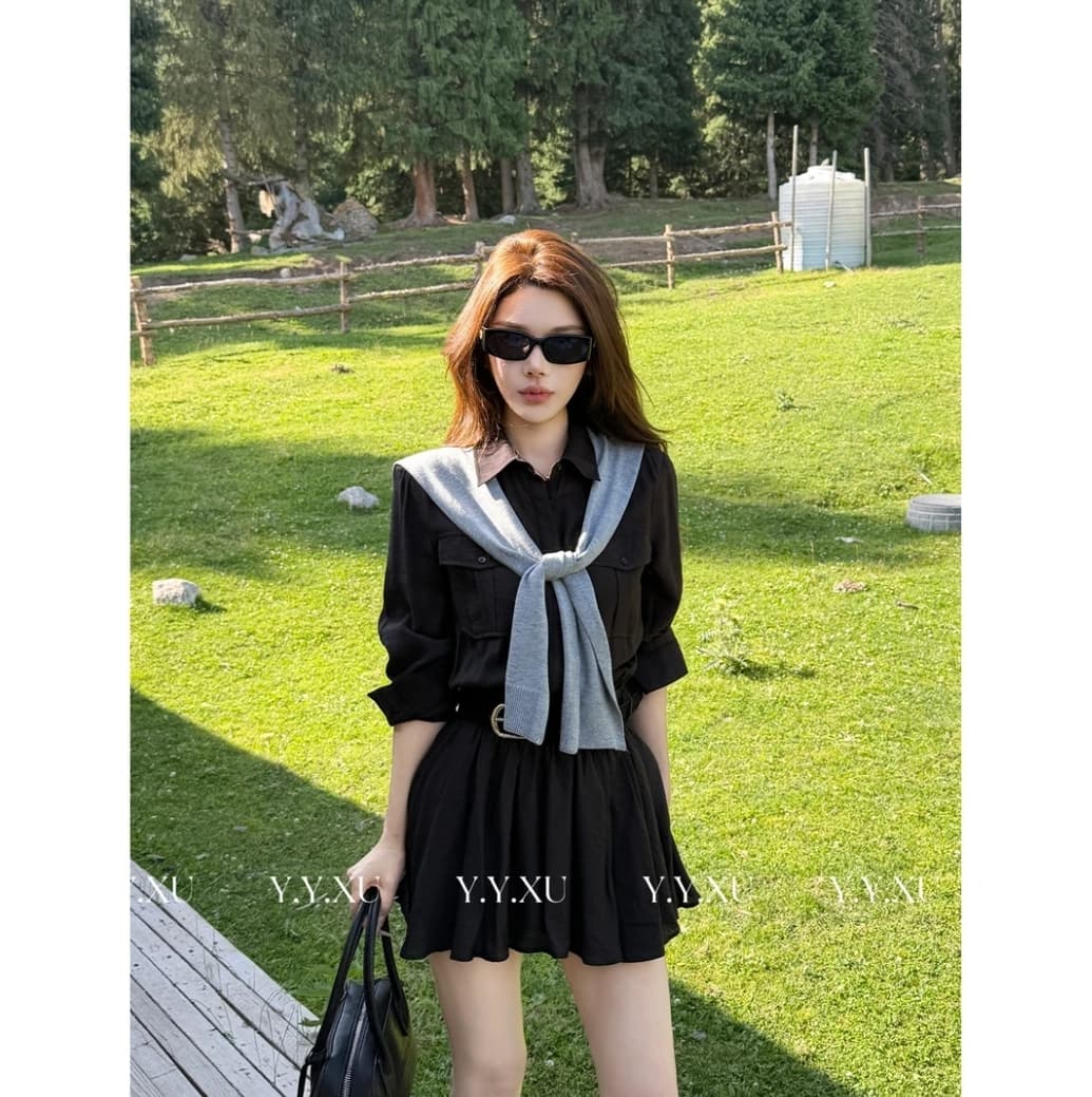 원 유안 반도 행침 바람 바 En 바람 워크웨어 패션 슬림해 보이는 드레스 벨트 포함 숄 이미지 3