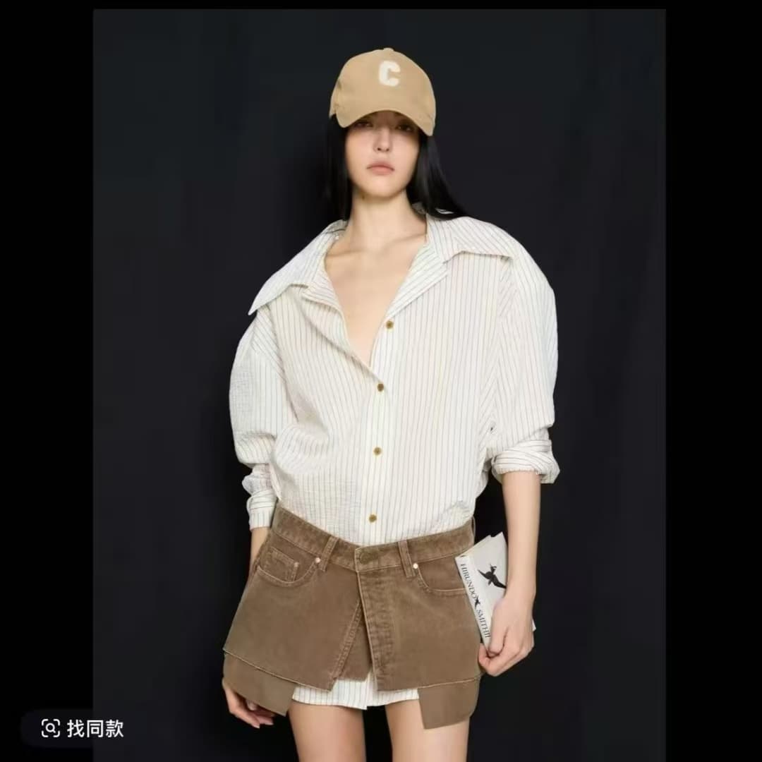 골드 버섯 세로 줄무늬 중간 길이 셔츠 맨위 여성 여름 허리 인감 스택 착용 라이 경기 서울 셔츠 투피스 세트 이미지 3
