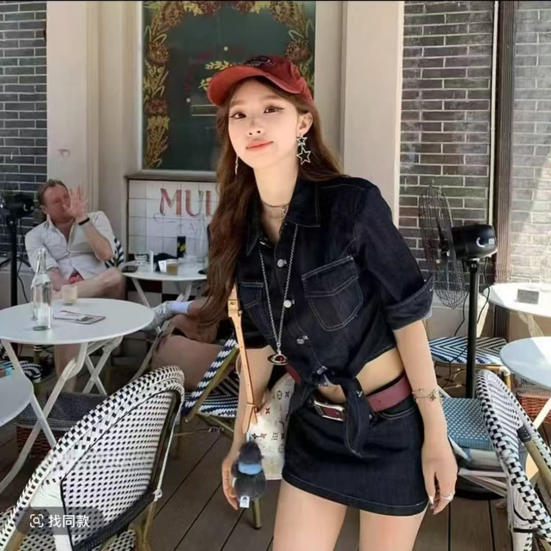 단 닝 소녀 차가운 바람의 소리 달콤한 매운맛 바람 십자가 스트랩 원본 암소 데님 셔츠 레트로 반신 스커트 패션 이미지 2