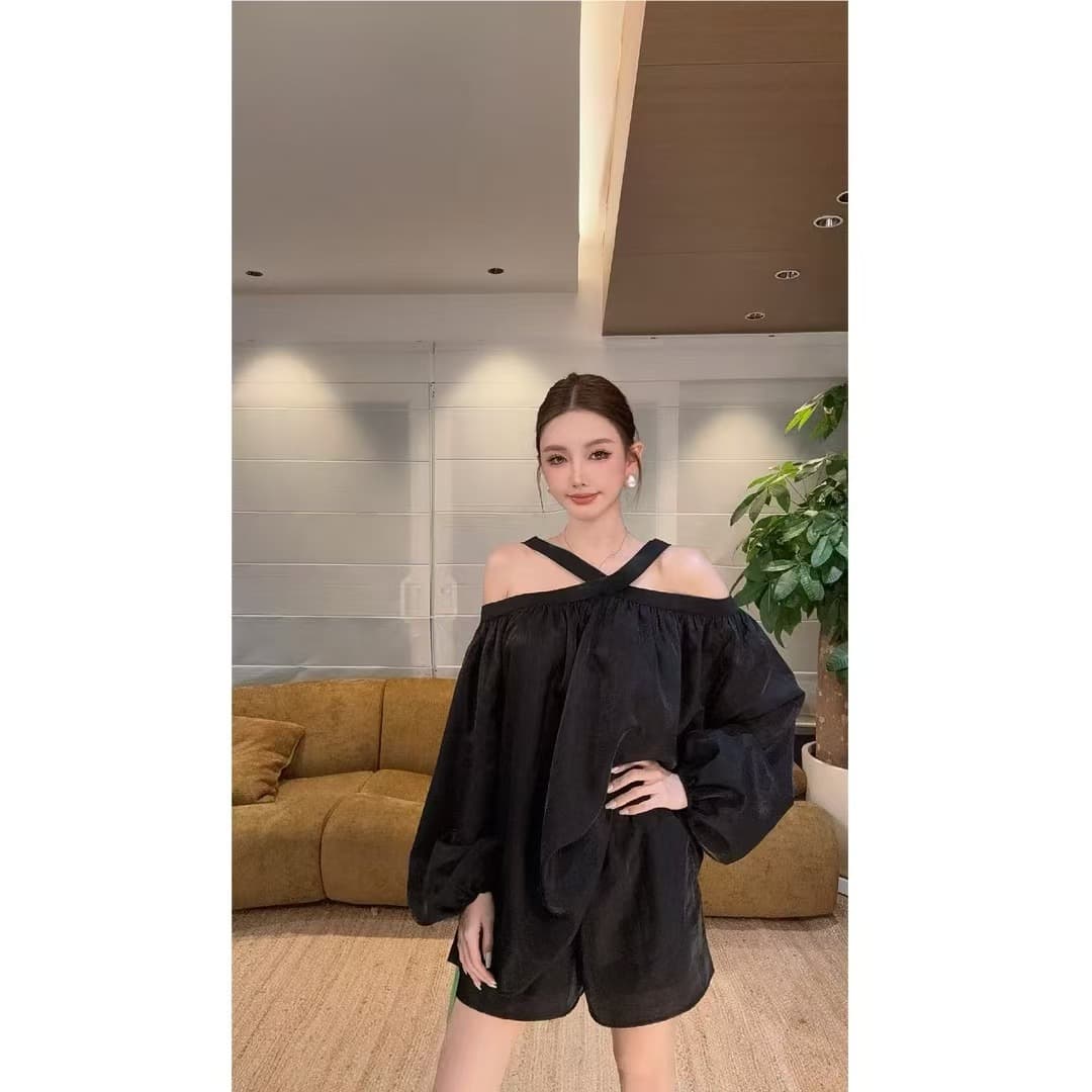 zzzhang 깃발 이야기 질감 구슬 빛 라이 경기 서울 아세트산 오프숄더 맨위 반바지 긴 바지 세트 이미지 3