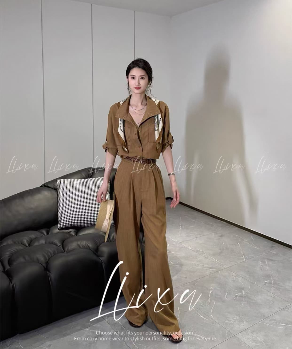 liixu 여름 오래된 돈 바람 캐주얼 품격 세트 캐주얼 셔츠 도루 센스 와이드 레그 팬츠 슬림해 보이는 출퇴근 전체 집합 이미지 2