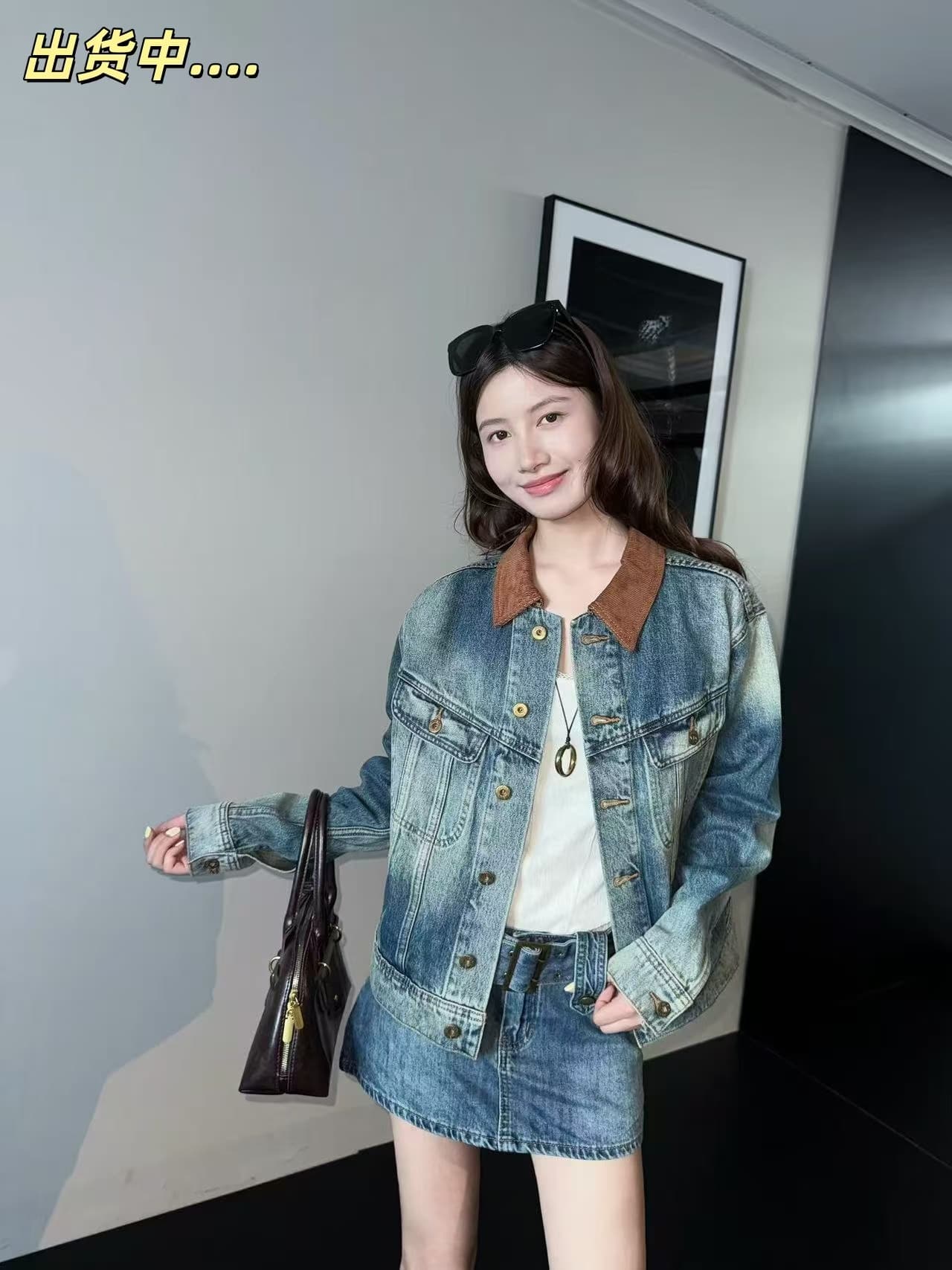 작은 대중 디자인 센스 레트로 카우보이 바깥 세트 여성 패치워크 코듀로이 칼라 워싱 블루 세트