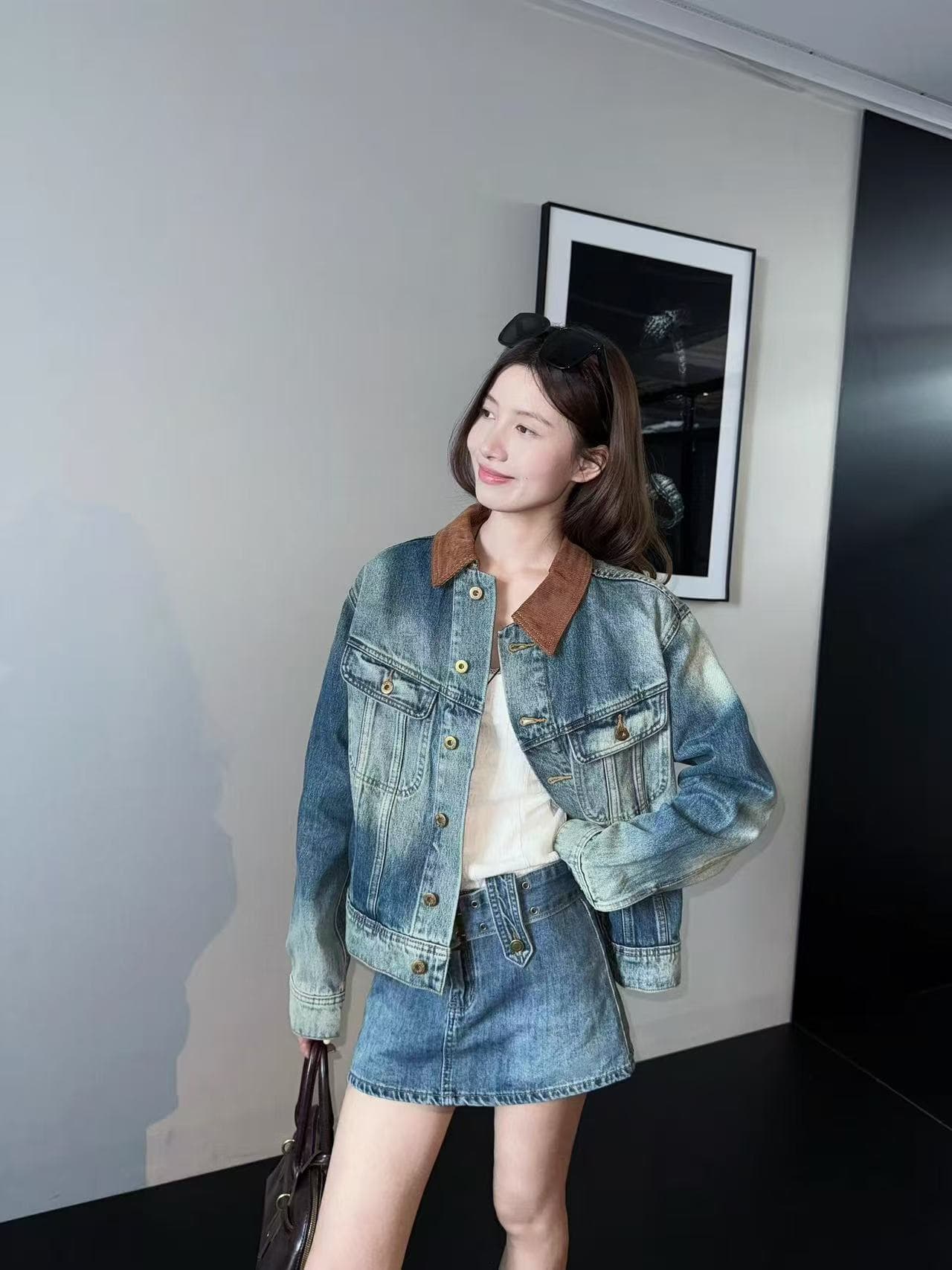 작은 대중 디자인 센스 레트로 카우보이 바깥 세트 여성 패치워크 코듀로이 칼라 워싱 블루 세트 이미지 4