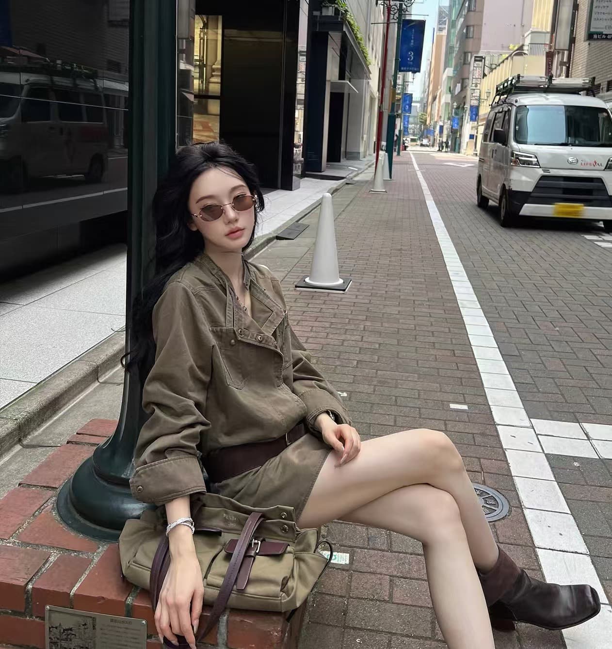 지구 Ouyang 니켈 맛 거리 인생 핫걸 치마 비스듬한 ~까지 분할 vtg 워싱 스탠드 칼라 드레스 벨트 보내기 이미지 3
