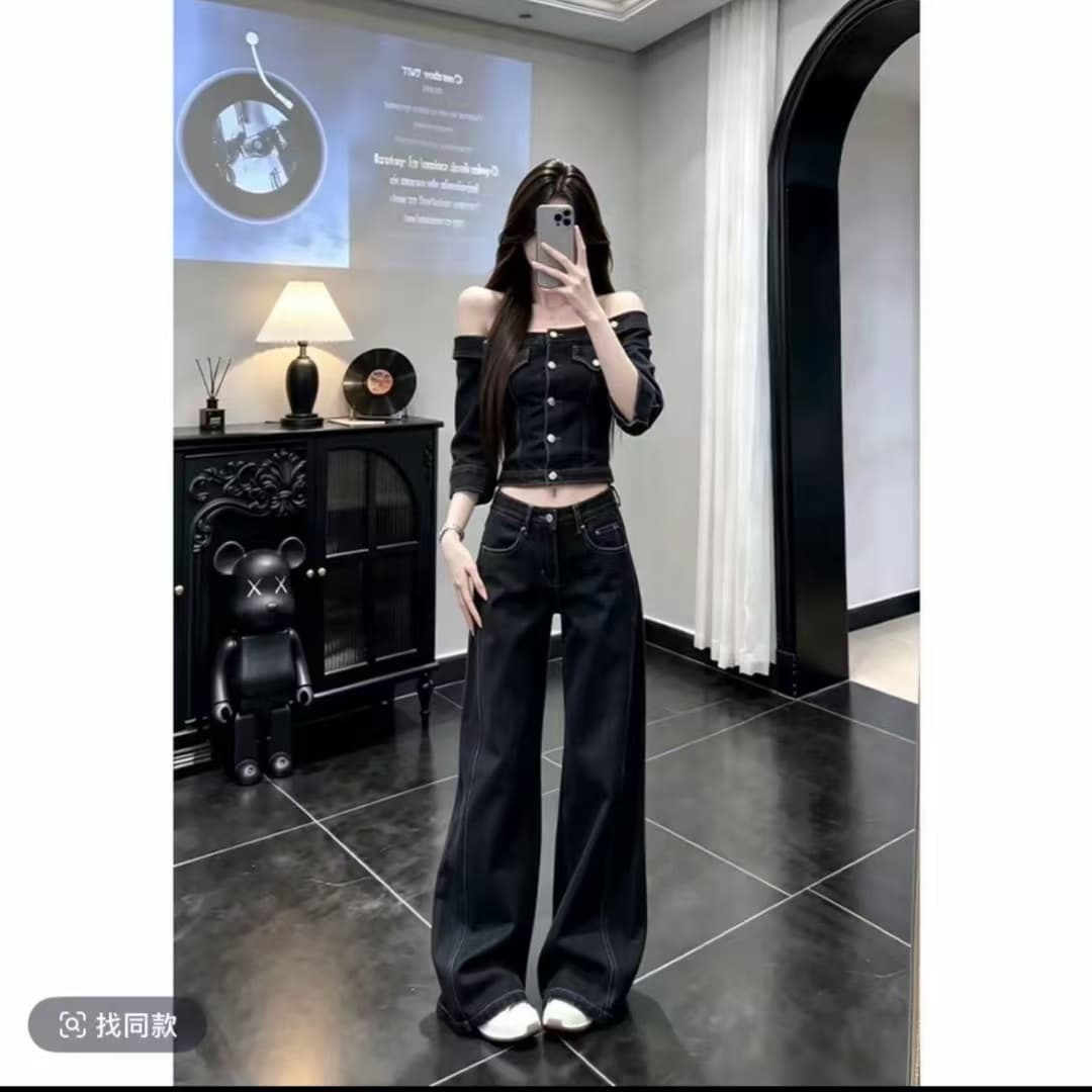 핫걸 데님 세트 여성 디자인 센스 데님 섹시함 오프숄더 맨위 넓은 다리 스트레이트 긴 바지 패션 투피스 세트 이미지 2