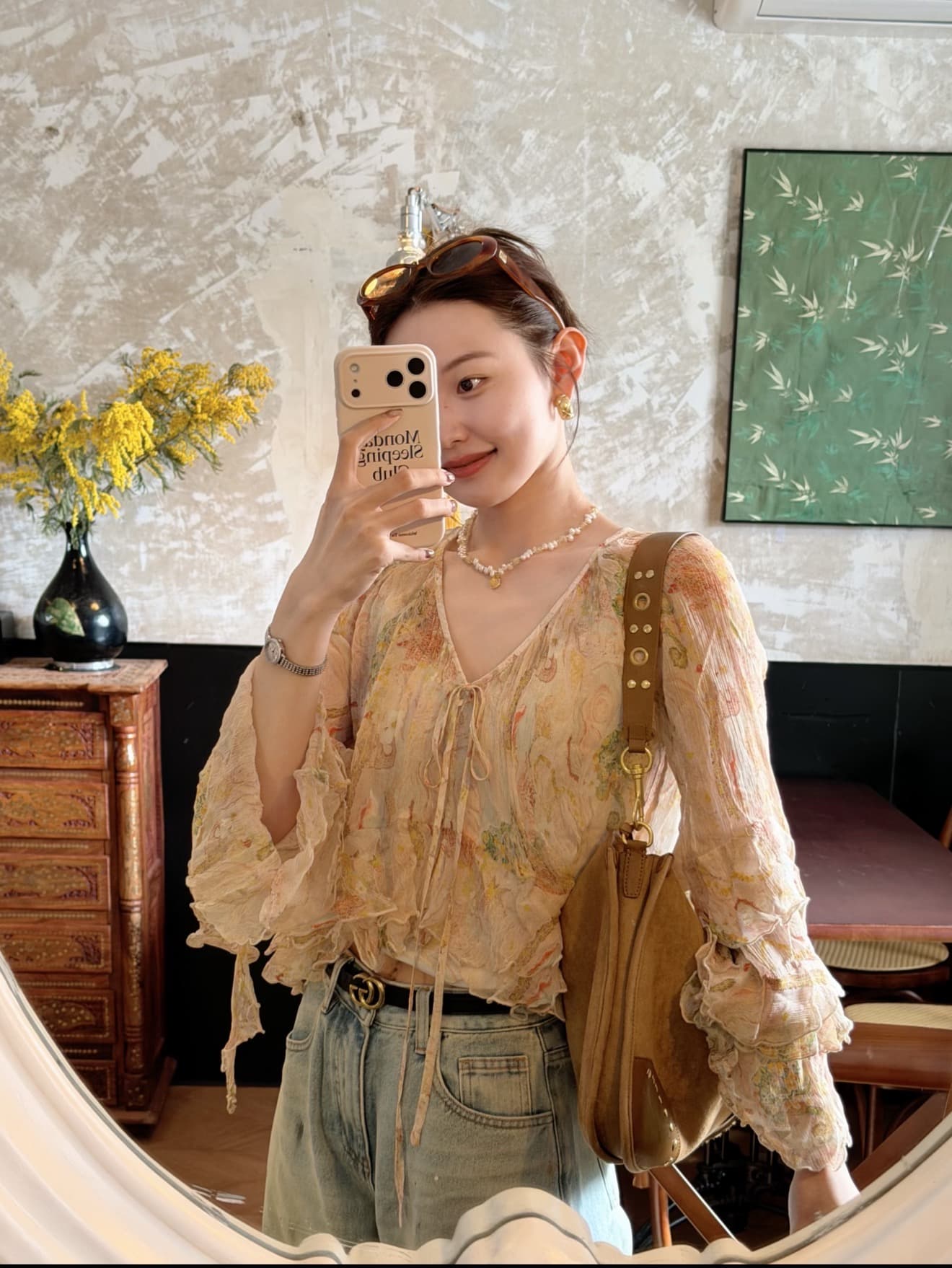 wana try 오즈의 마법사 프린트 나팔 소매 얇은 오픈 가디건 26 봄 신제품 요정 우아한 센스 맨위 여성 이미지 3