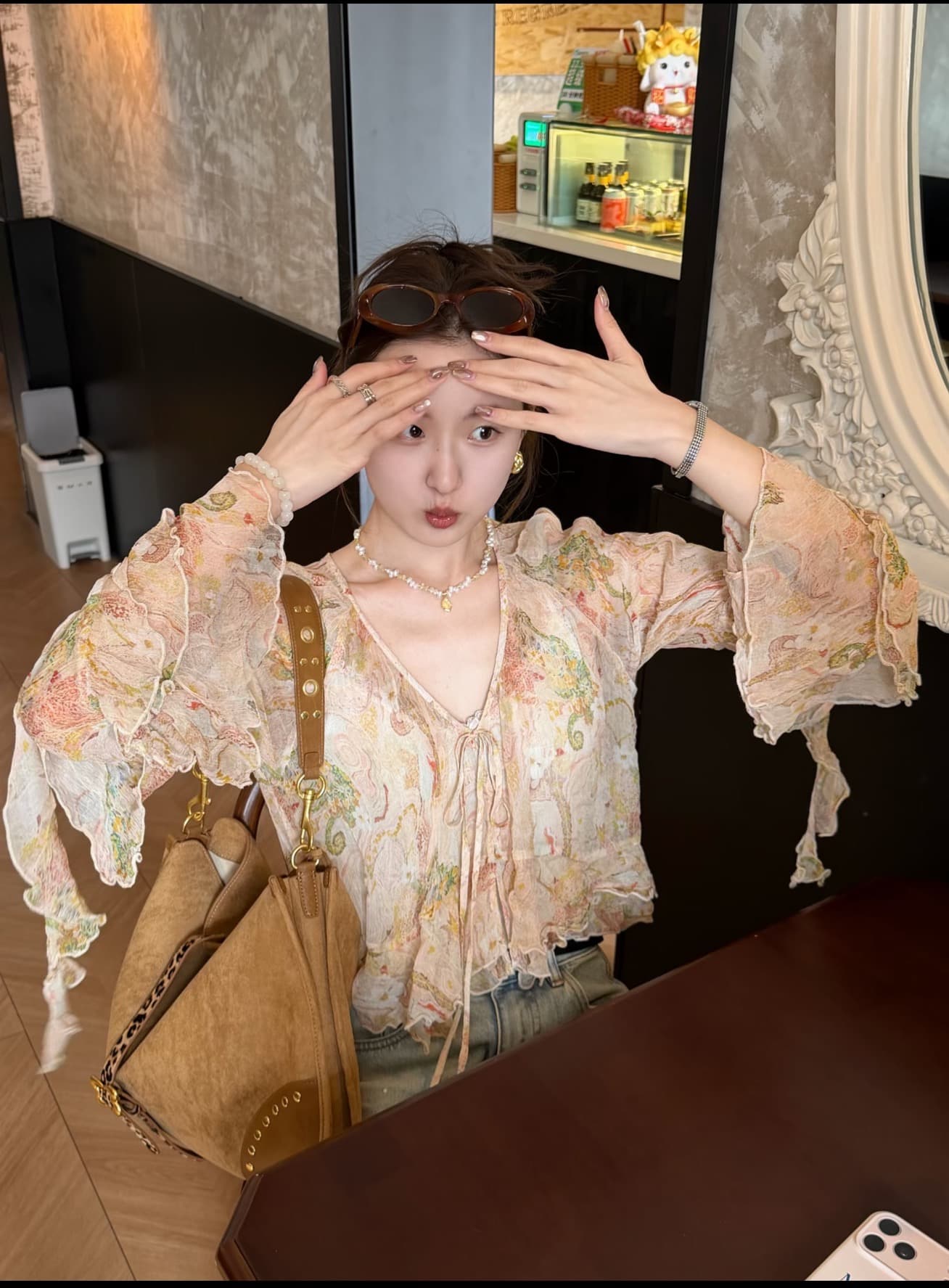wana try 오즈의 마법사 프린트 나팔 소매 얇은 오픈 가디건 26 봄 신제품 요정 우아한 센스 맨위 여성 이미지 2
