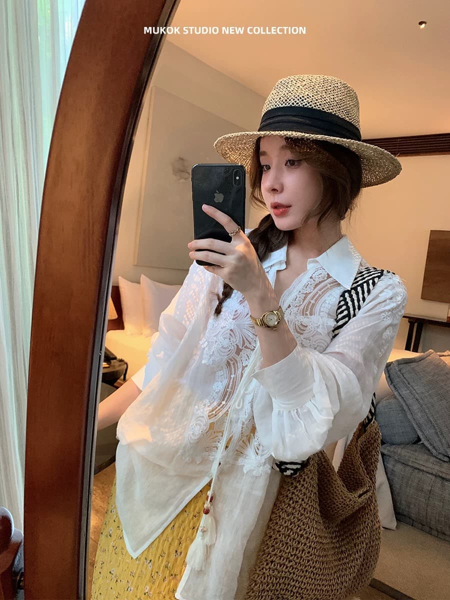 mukok 100 라미 무거운 작업 포지셔닝 레이스 홀로우 아웃 고급 낭만주의 V넥 마이크로 ~을 통해 화이트 셔츠 상세 이미지 2