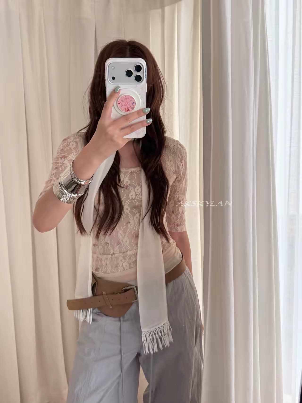 ak skylan 너무 미 했 봄 여름 착용 가져 가라. 살구 색상 레이스 5 점 소매 꽃 맨위 기본 셔츠 이미지 2