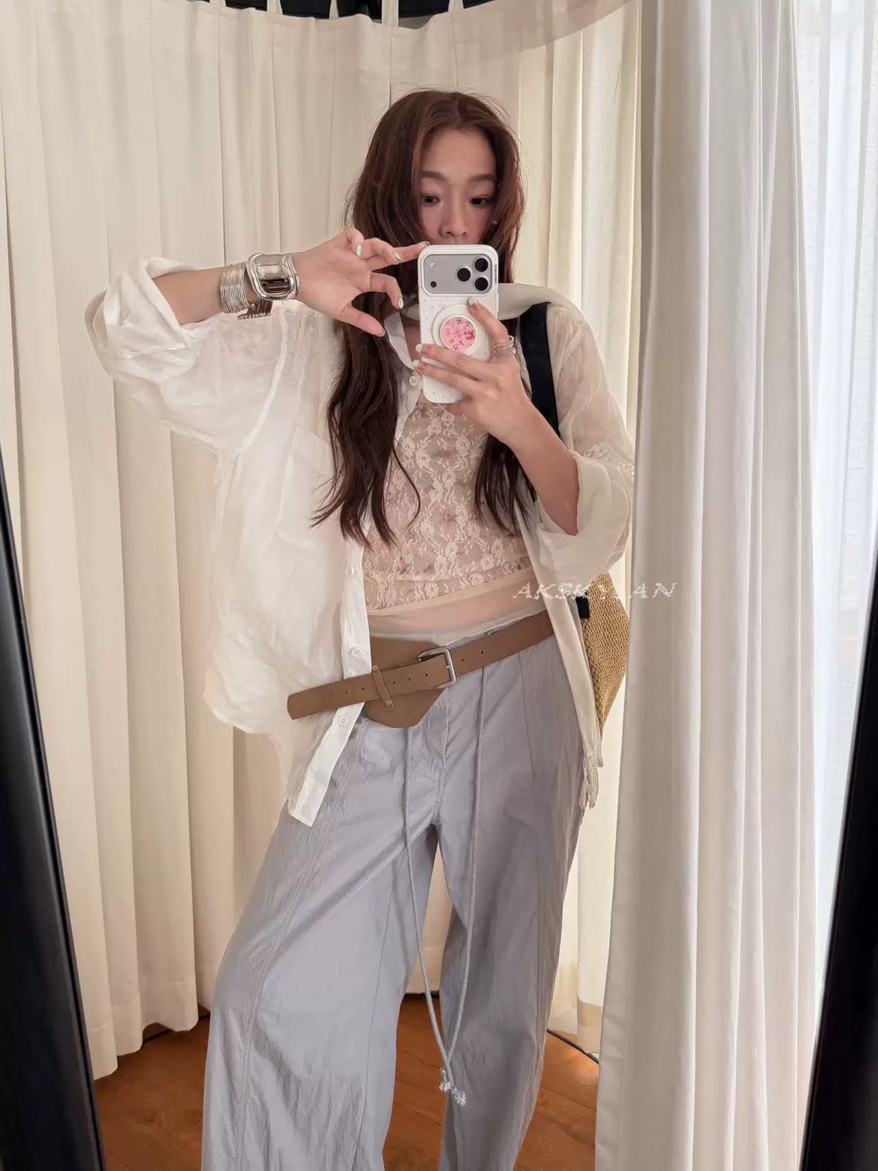 ak skylan 너무 미 했 봄 여름 착용 가져 가라. 살구 색상 레이스 5 점 소매 꽃 맨위 기본 셔츠 상세 이미지 3