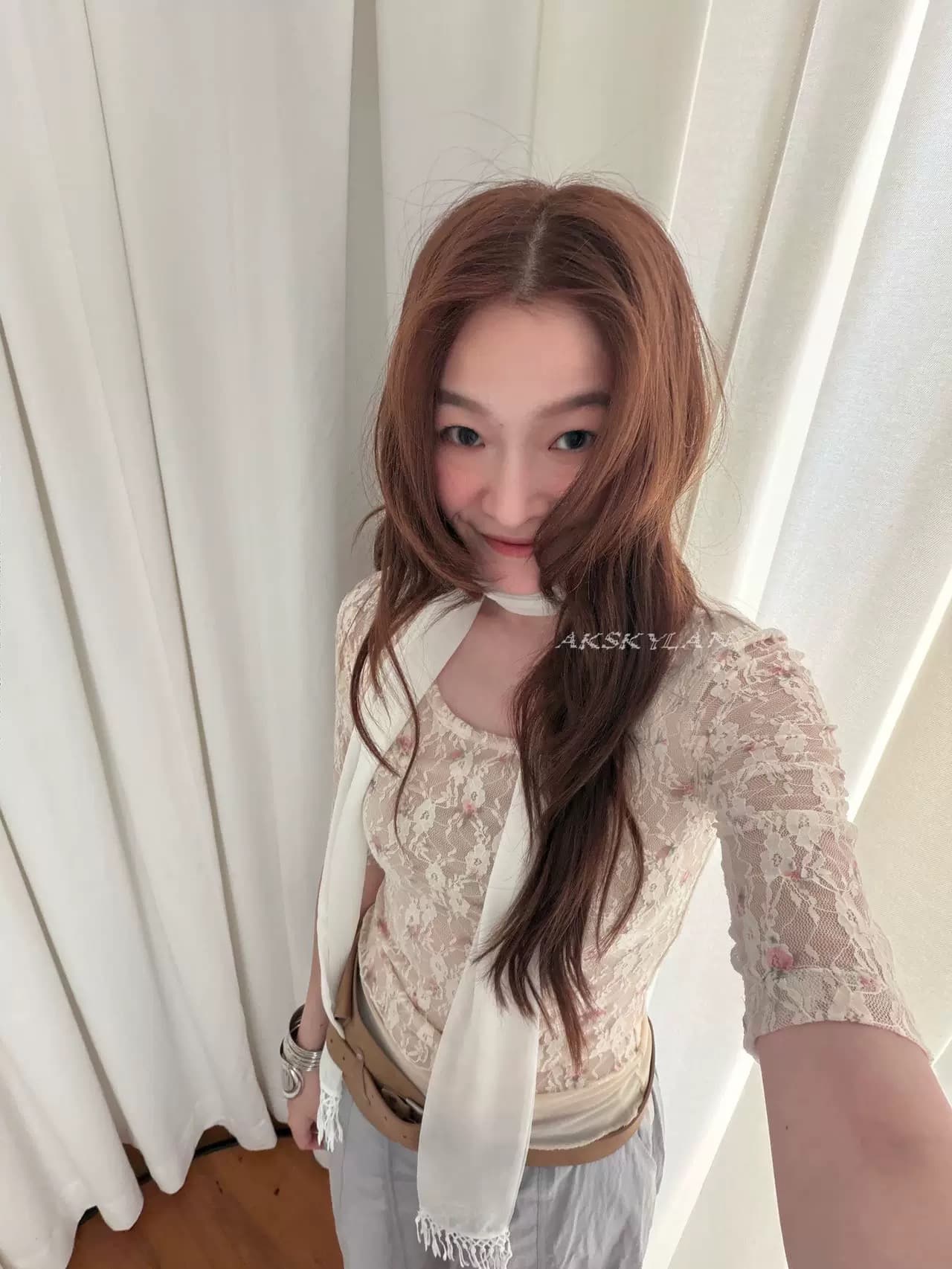 ak skylan 너무 미 했 봄 여름 착용 가져 가라. 살구 색상 레이스 5 점 소매 꽃 맨위 기본 셔츠 상세 이미지 4