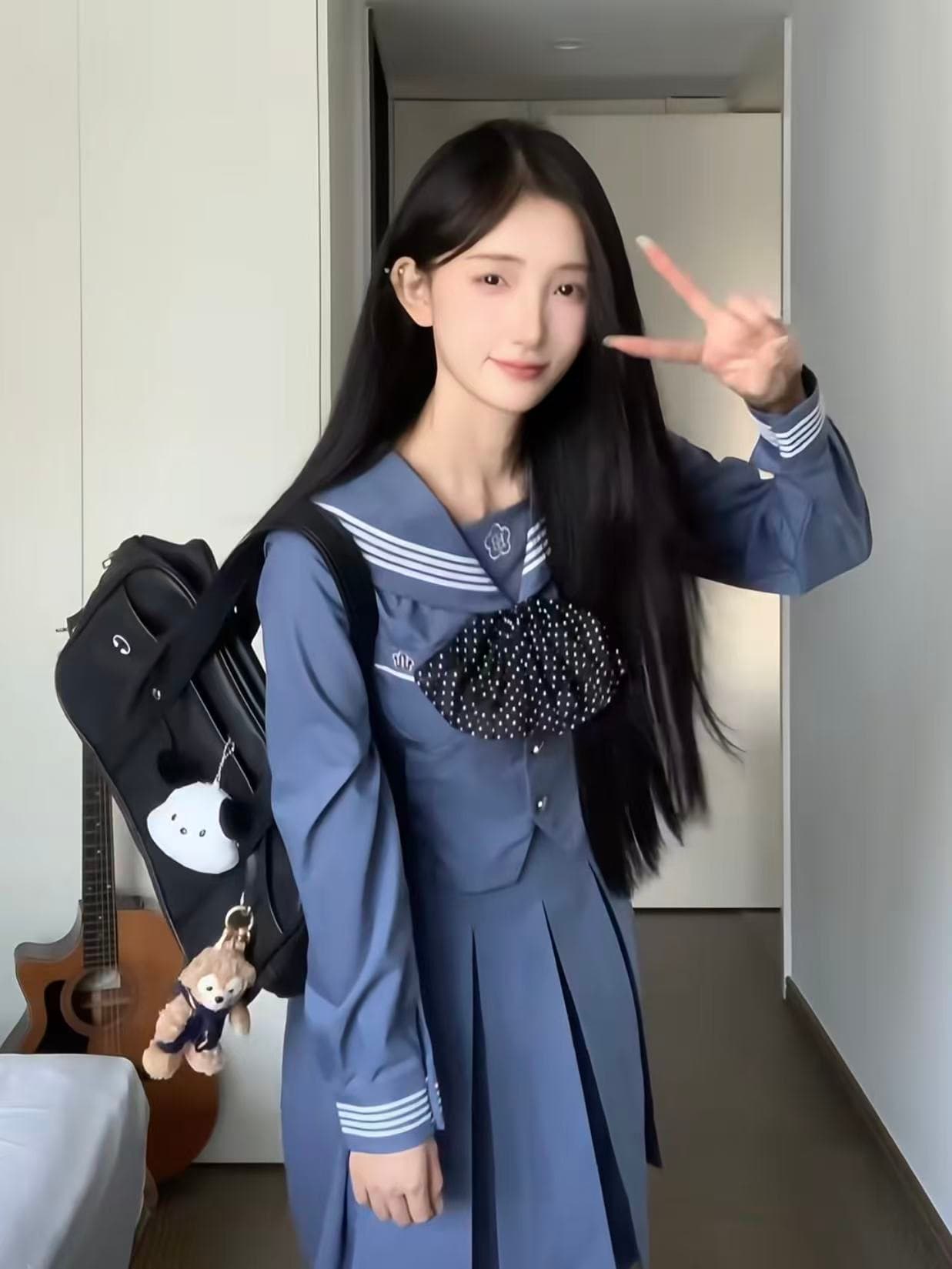 물 옥 구마모토 블루 오리지널 정품 일본식 jk 유니폼 봄 신제품 쇼 와 센스 학교 들어 허리 수축 슬림해 보이는 세일러복 상세 이미지 3