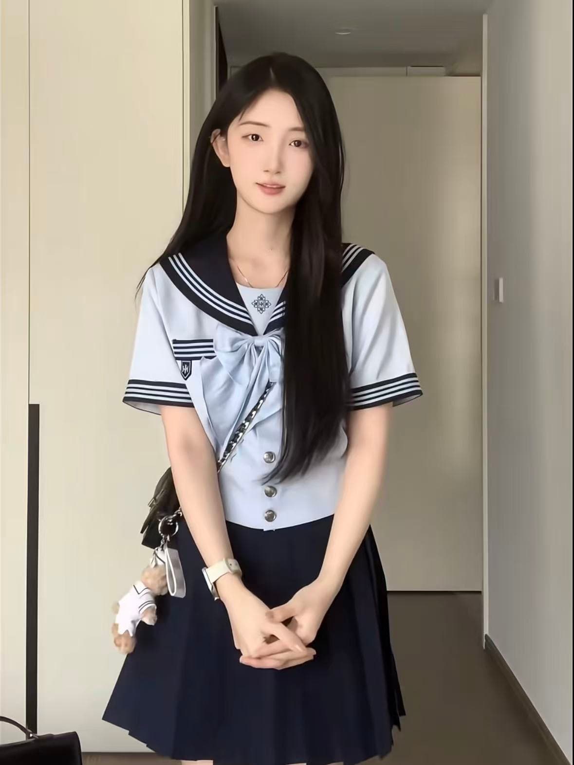 위문하다 나비 여자 여름 허리 수축 선원 jk 유니폼 여성복 하이웨이스트 슬림해 보이는 A라인 스커트 단색 이야기 상세 이미지 3