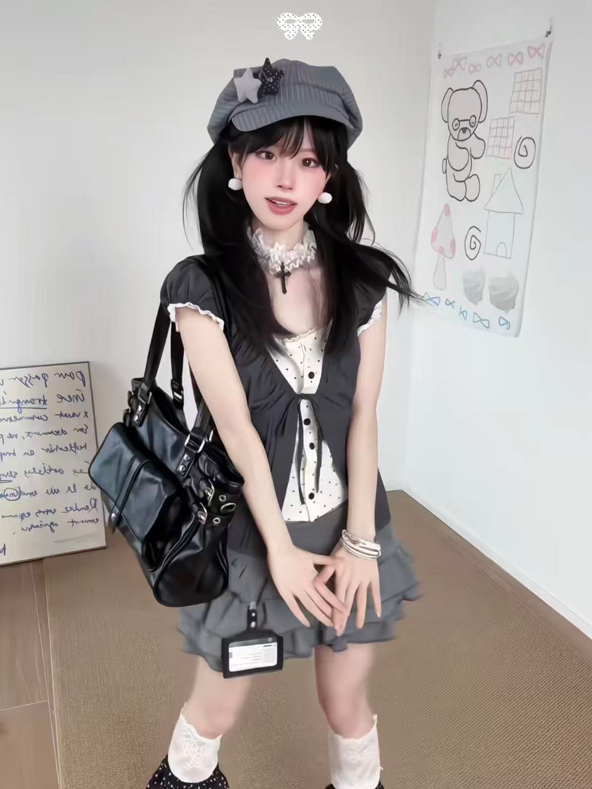 배색 페이크 레이어드 디자인 꽃무늬 레이스 꼬집기 허리 인사이드 수신 셔츠 맨위 여성 퍼프 케이크 드레스 익스트림 전통 지배 상세 이미지 3