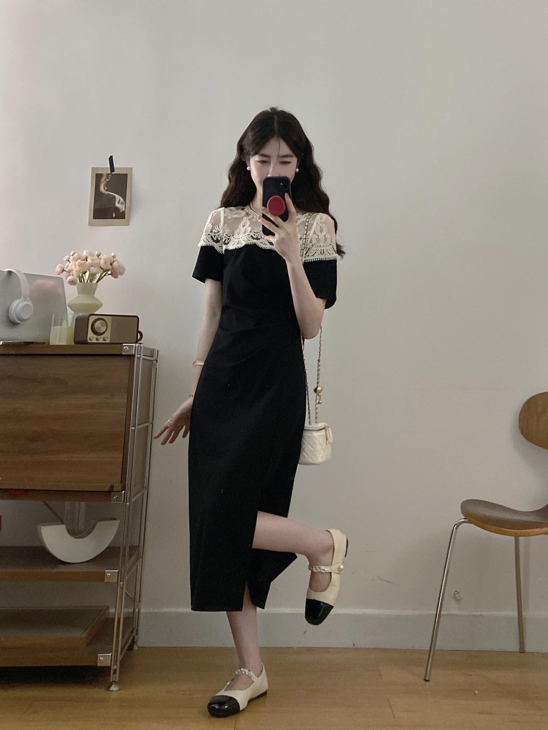 실사 빅 사이즈 프랑스식 부드러운 바람 레이스 조각 드레스 여름 새로운 주름 트임 품격 롱 스커트 이미지 3