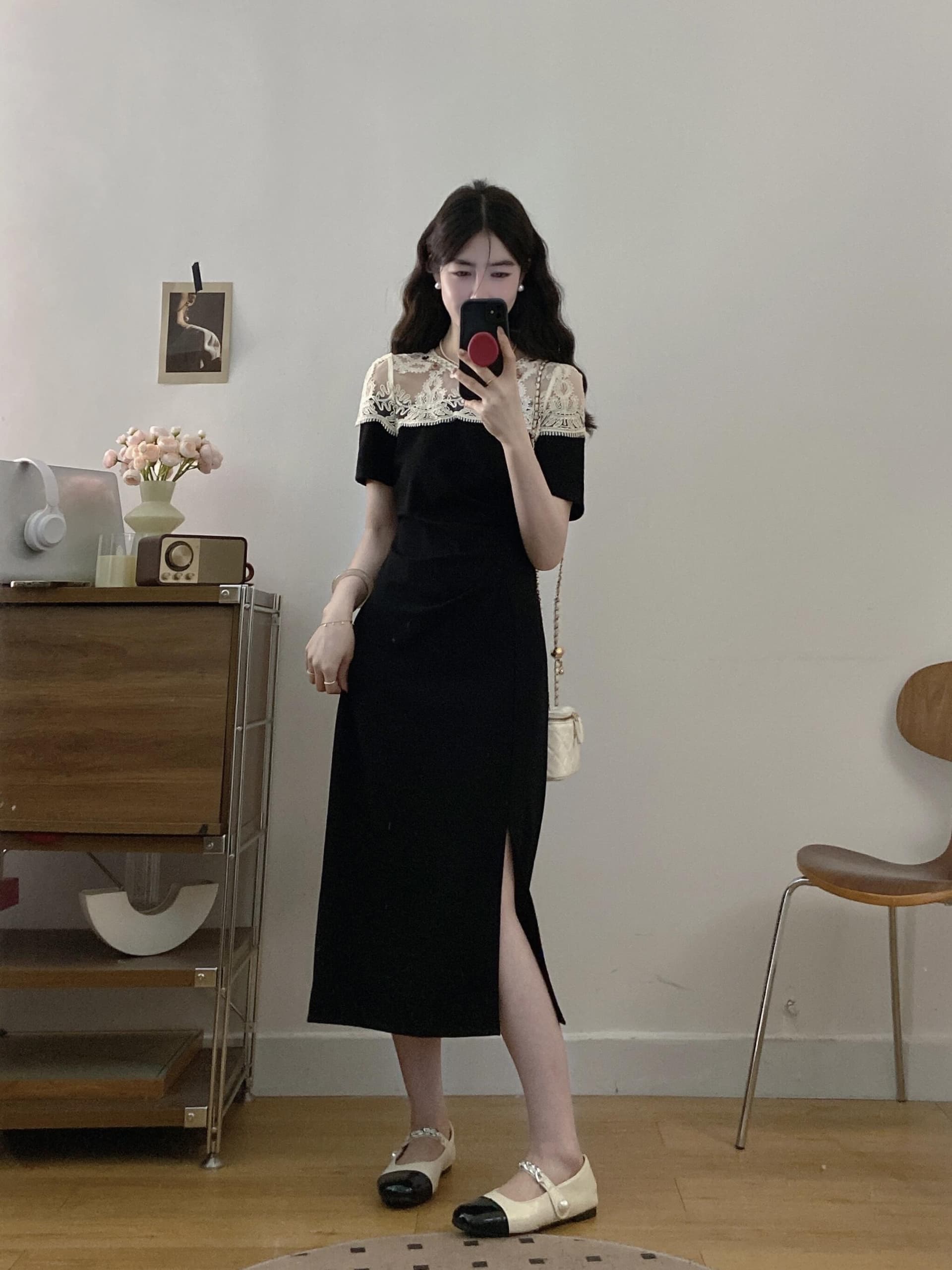 실사 빅 사이즈 프랑스식 부드러운 바람 레이스 조각 드레스 여름 새로운 주름 트임 품격 롱 스커트 상세 이미지 4