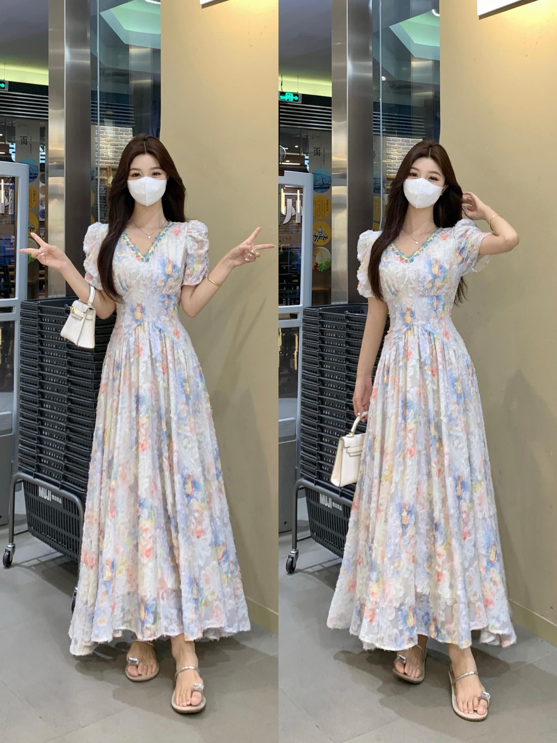 실사 빅 사이즈 프랑스식 달콤한 스타일 꽃무늬 드레스 하이웨이스트 슬림해 보이는 여름 새로운 아름다운 요정 롱 스커트 상세 이미지 7