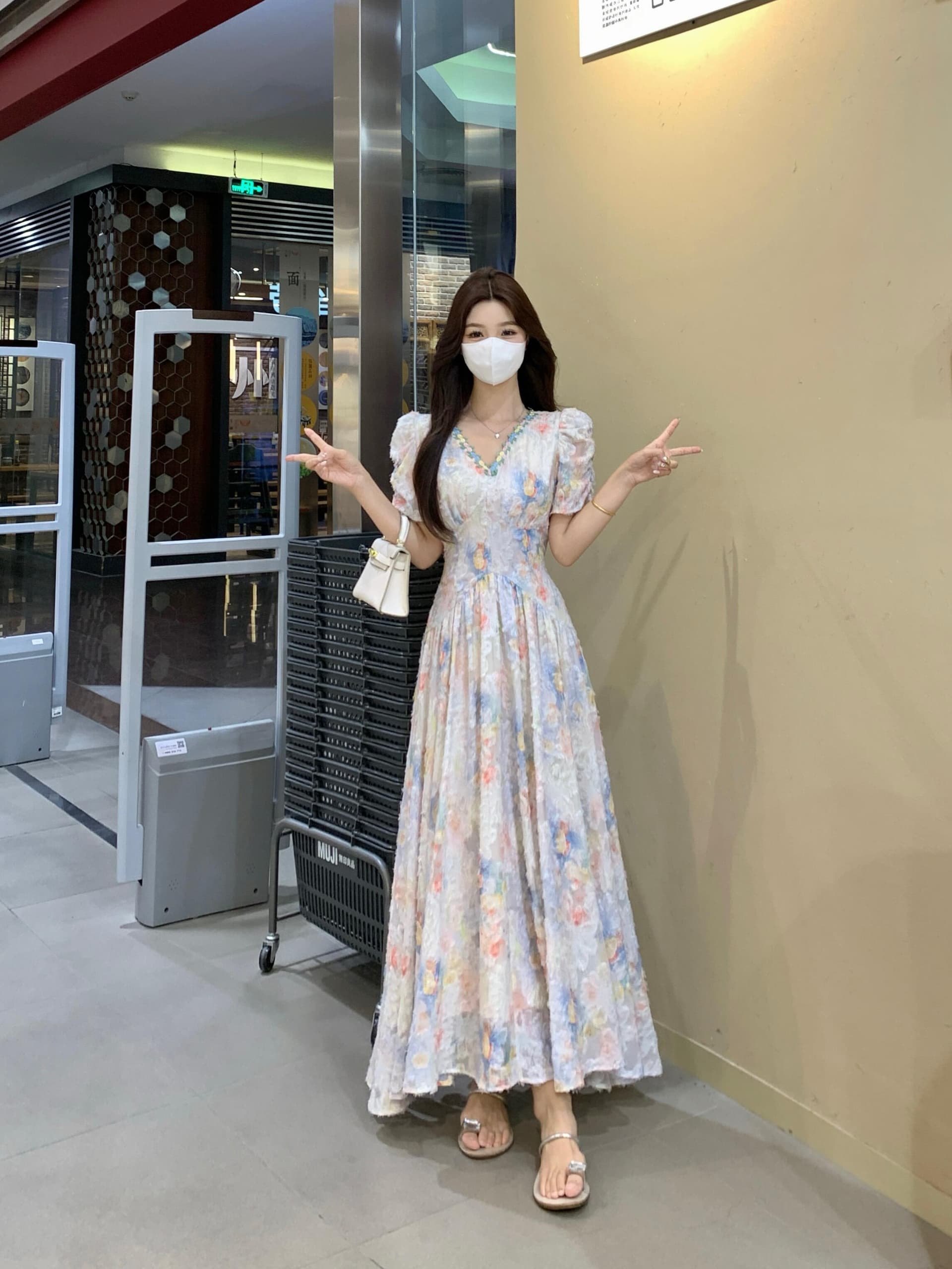 실사 빅 사이즈 프랑스식 달콤한 스타일 꽃무늬 드레스 하이웨이스트 슬림해 보이는 여름 새로운 아름다운 요정 롱 스커트 상세 이미지 10