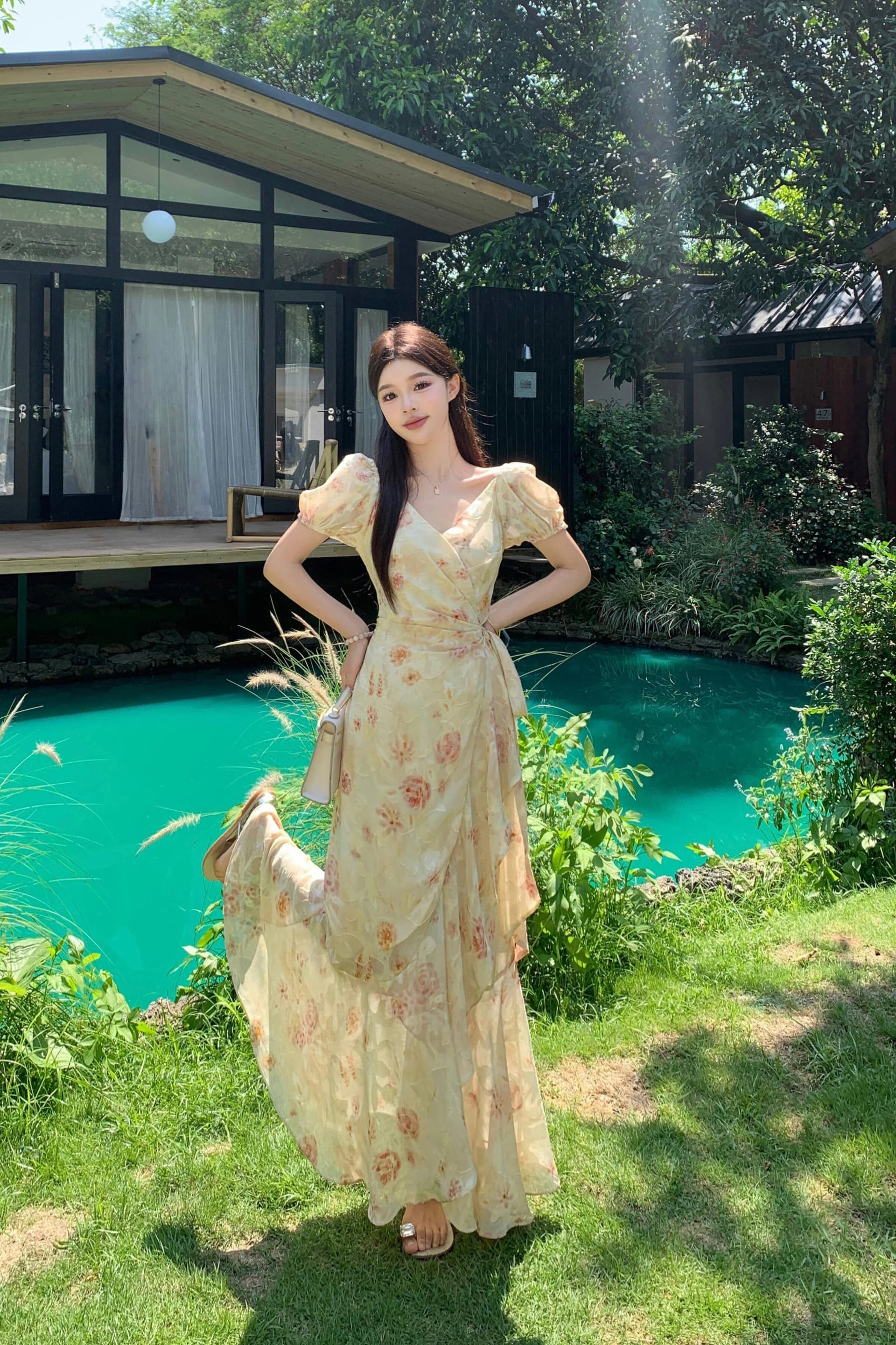 실사 빅 사이즈 여름 낭만주의 ~ 중 치마 하나 슬라이스 스트랩 프랑스식 낭만주의 프린트 드레스 이미지 7