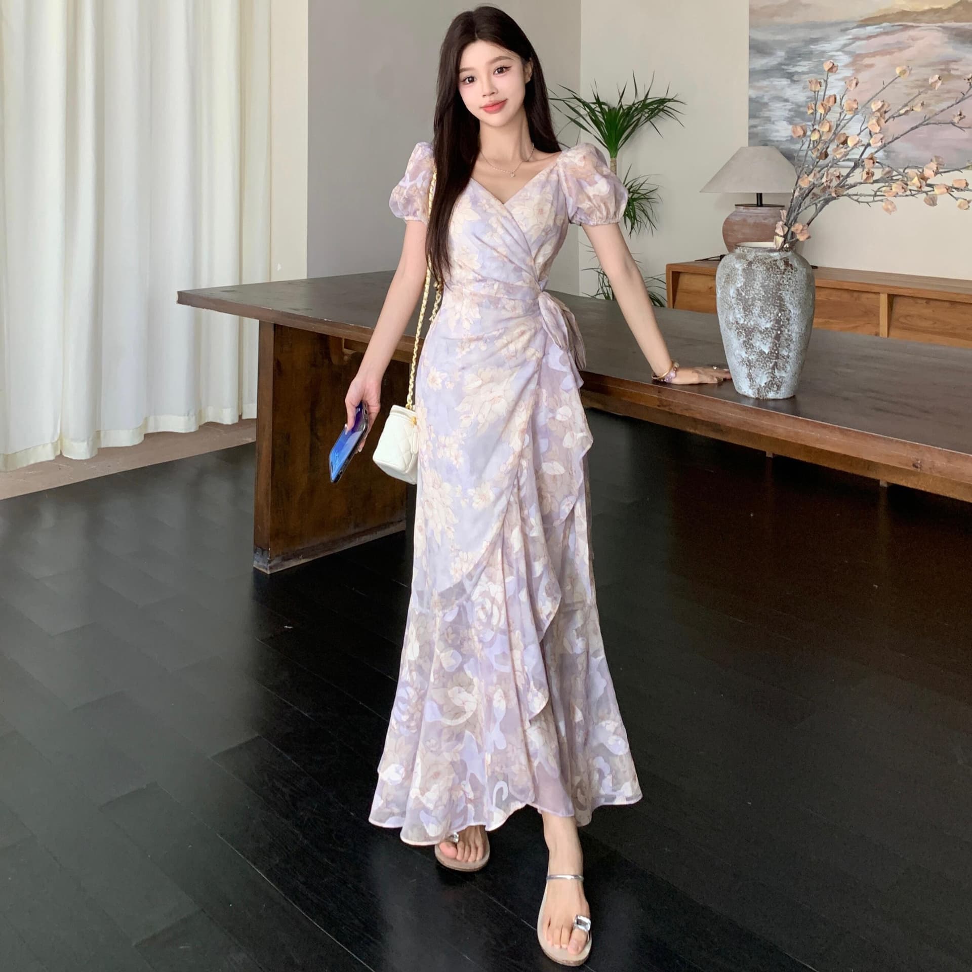 실사 빅 사이즈 여름 낭만주의 ~ 중 치마 하나 슬라이스 스트랩 프랑스식 낭만주의 프린트 드레스 이미지 6