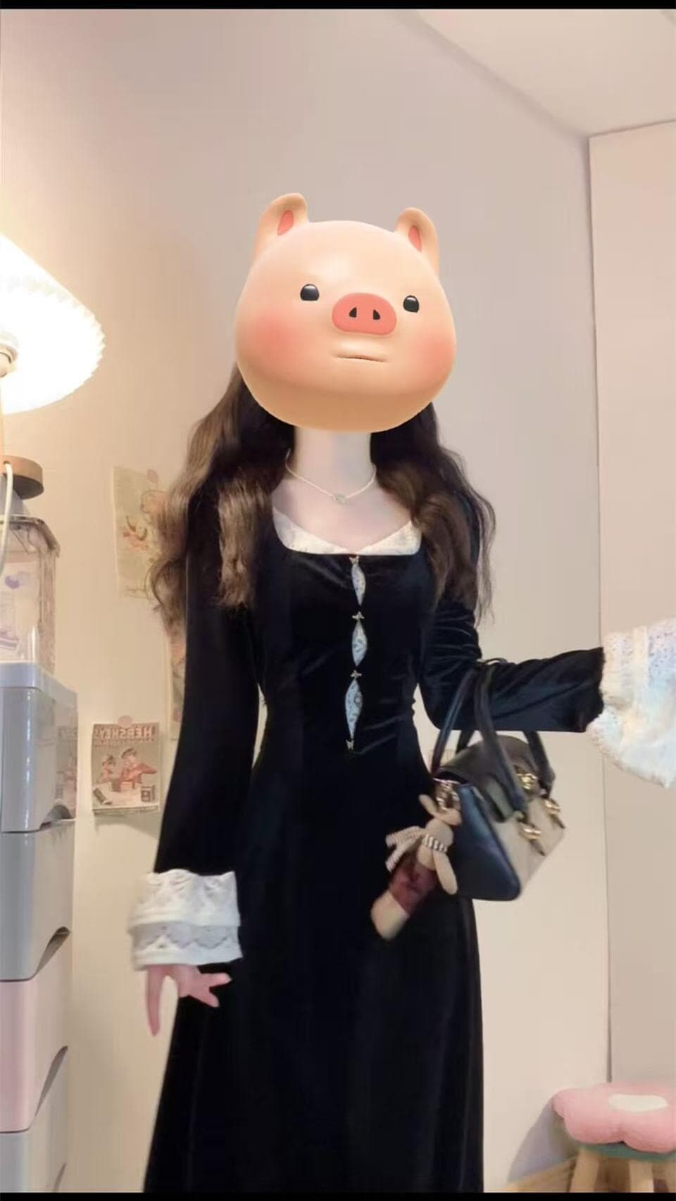 실사 빅 사이즈 장미 매너 프랑스식 궁정 하이웨이스트 슬림해 보이는 레이스 배색 벨벳 드레스 이미지 5
