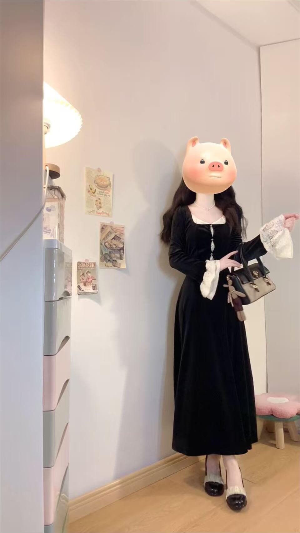 실사 빅 사이즈 장미 매너 프랑스식 궁정 하이웨이스트 슬림해 보이는 레이스 배색 벨벳 드레스 상세 이미지 8