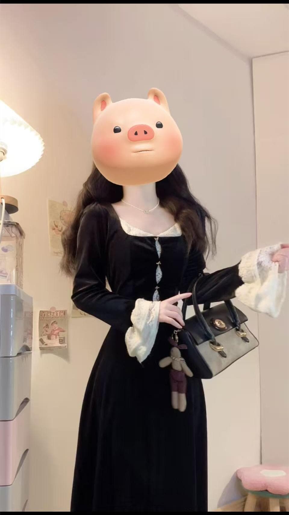 실사 빅 사이즈 장미 매너 프랑스식 궁정 하이웨이스트 슬림해 보이는 레이스 배색 벨벳 드레스 상세 이미지 13