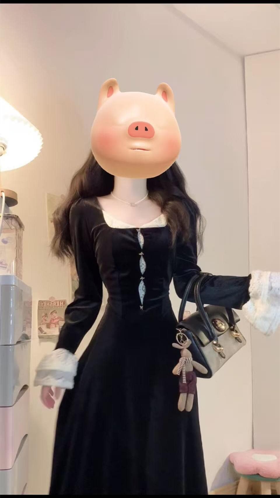 실사 빅 사이즈 장미 매너 프랑스식 궁정 하이웨이스트 슬림해 보이는 레이스 배색 벨벳 드레스 상세 이미지 15